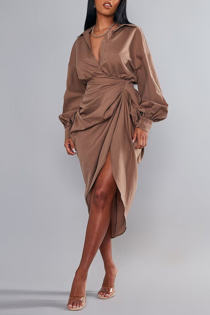 V-Ausschnitt Rüschen Schlitz Midi Kleid