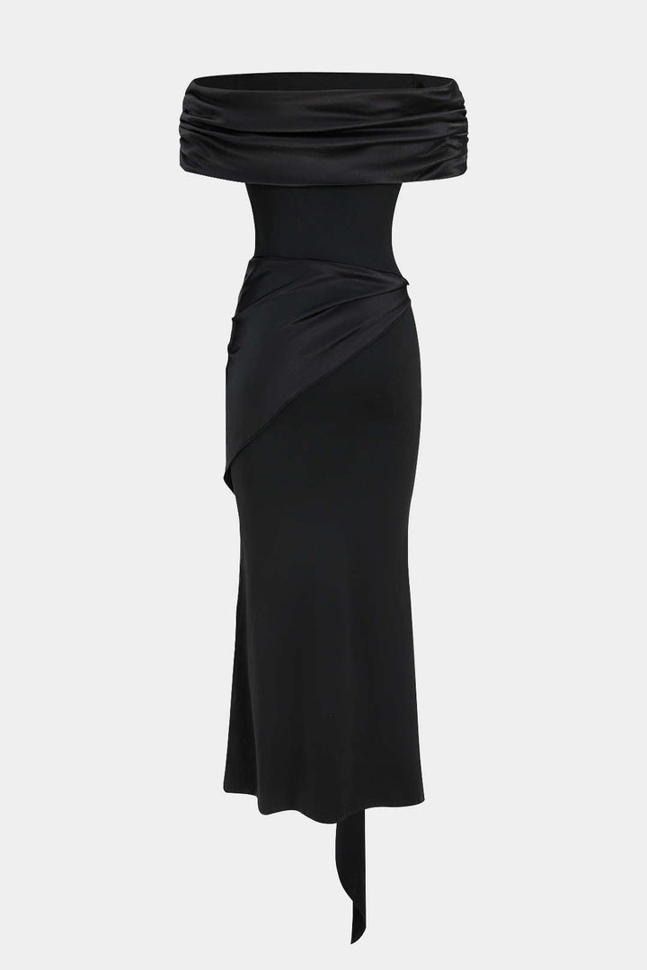 Samy | Patchwork Off-Shoulder Drapierter Maxi-Kleid mit Schleifendetail