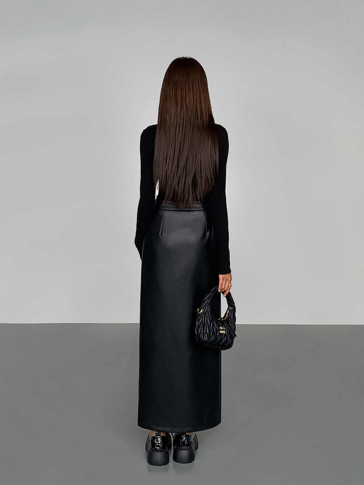 Seitenrispenschneider PU-Leder Midi-Rock