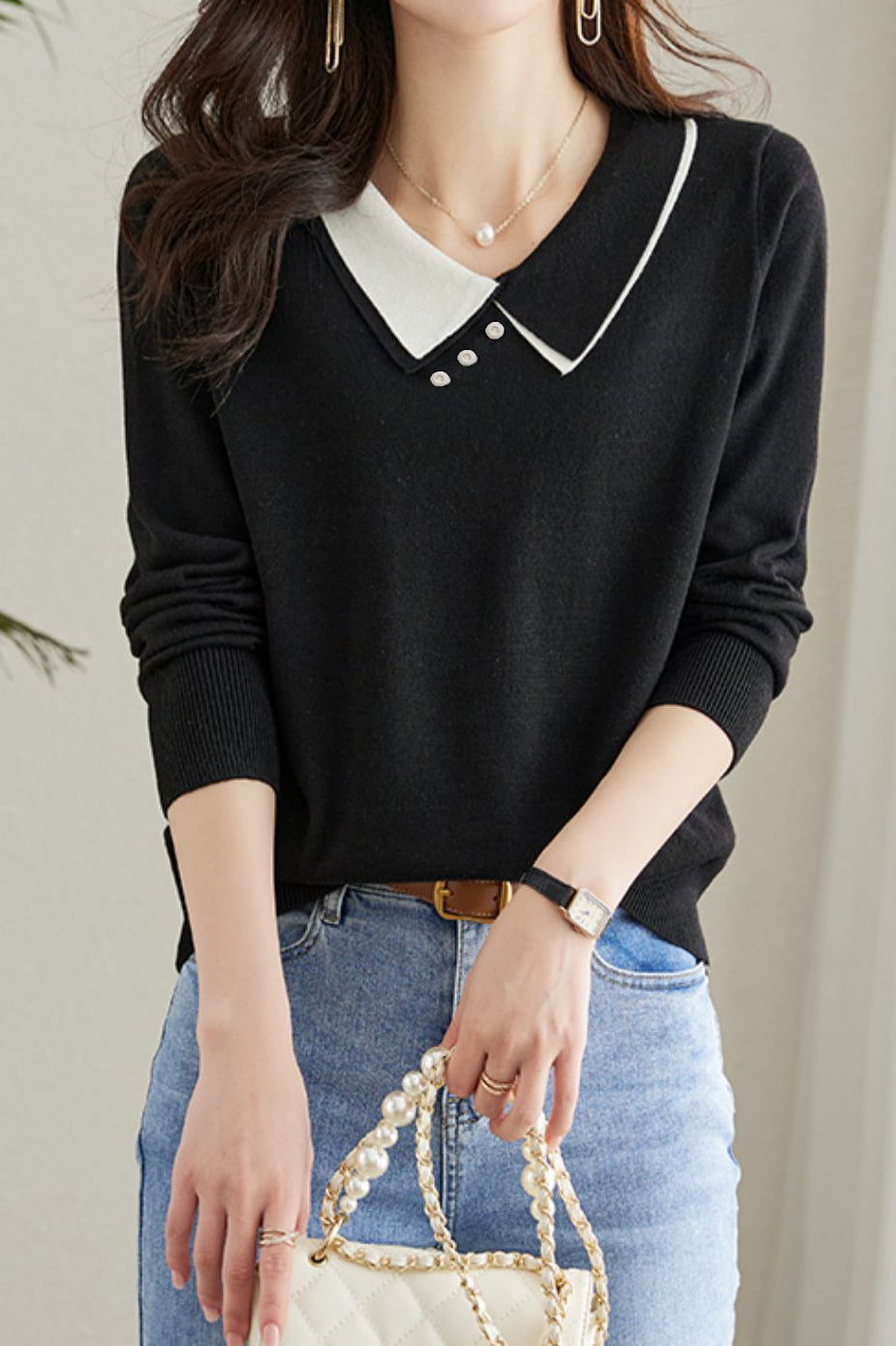 Puppenkragen Lässiger Langarm-Strickpullover