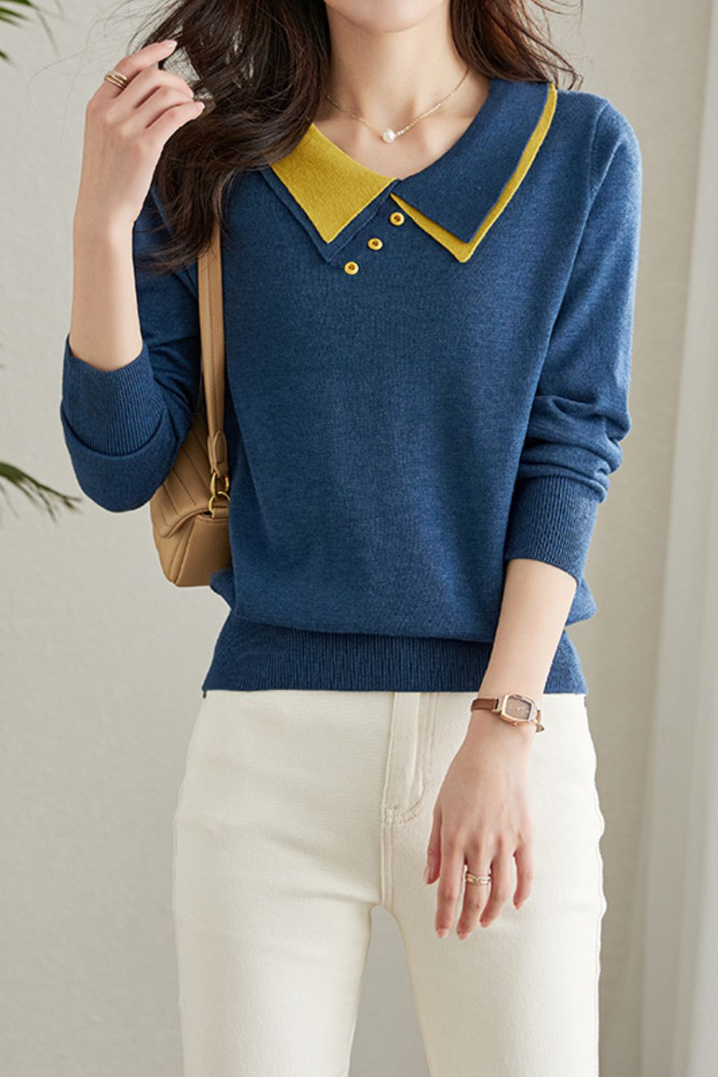 Puppenkragen Lässiger Langarm-Strickpullover