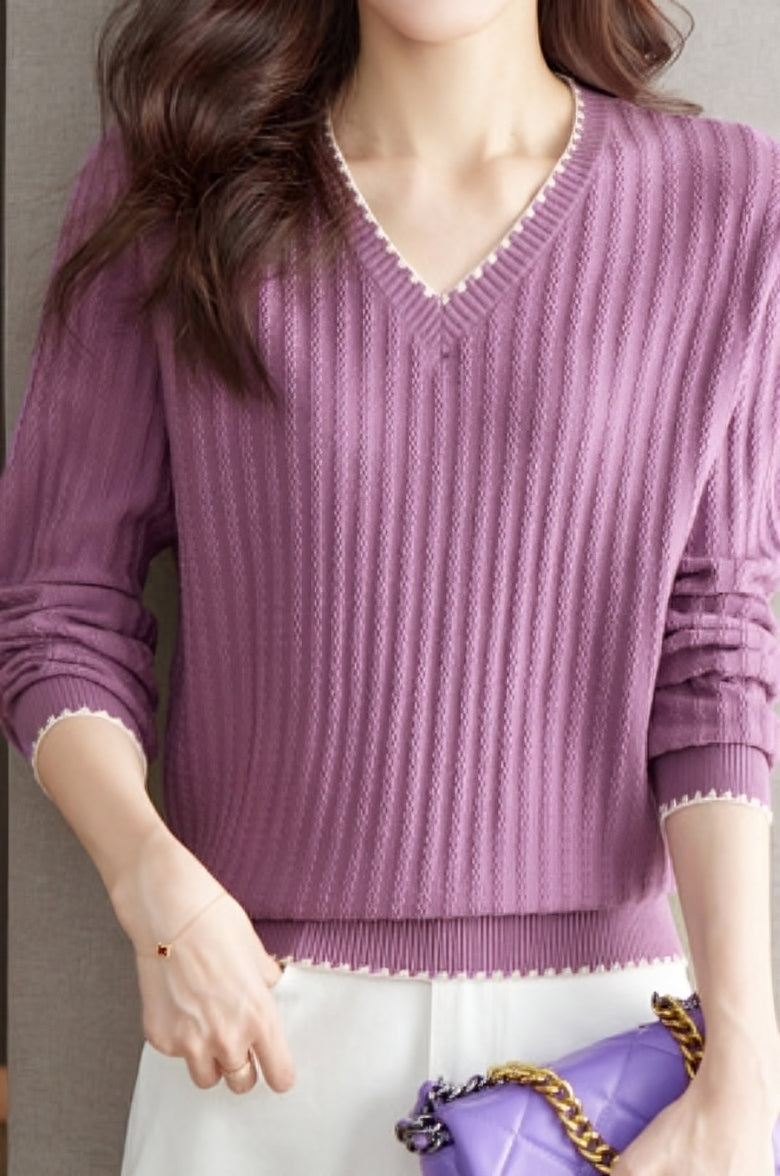 V-Ausschnitt Geripptes Strickoberteil