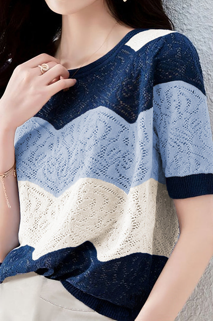 Farbblock-Hohlstrickshirt mit kurzen Ärmeln