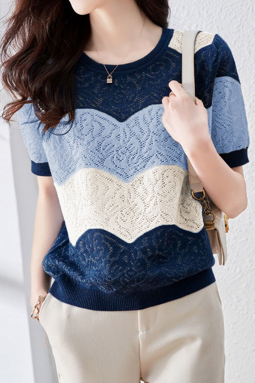 Farbblock-Hohlstrickshirt mit kurzen Ärmeln