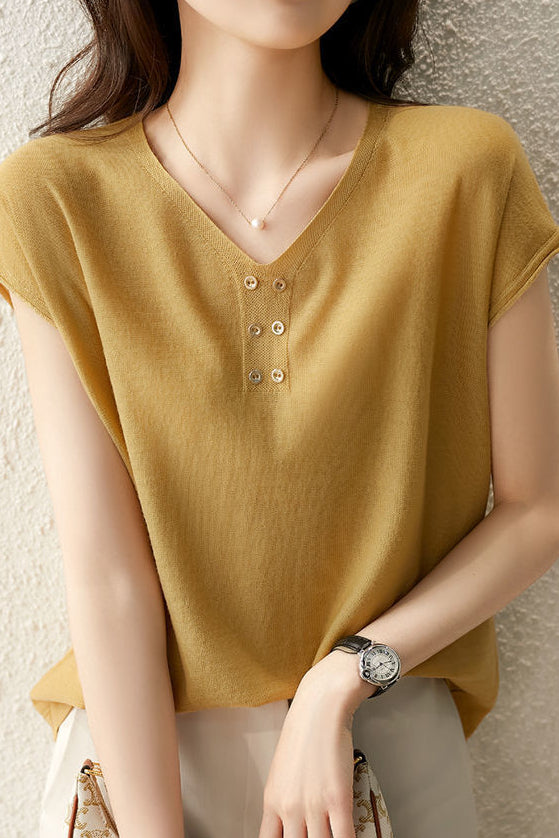 V-Ausschnitt Einfarbig Gestricktes T-Shirt