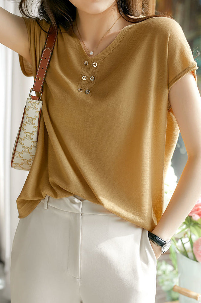 V-Ausschnitt Einfarbig Gestricktes T-Shirt