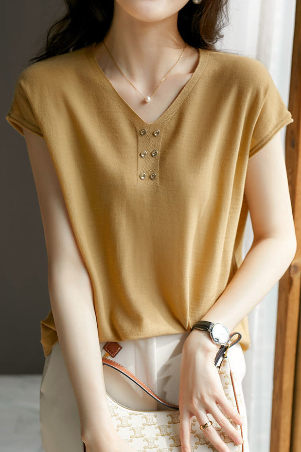 V-Ausschnitt Einfarbig Gestricktes T-Shirt