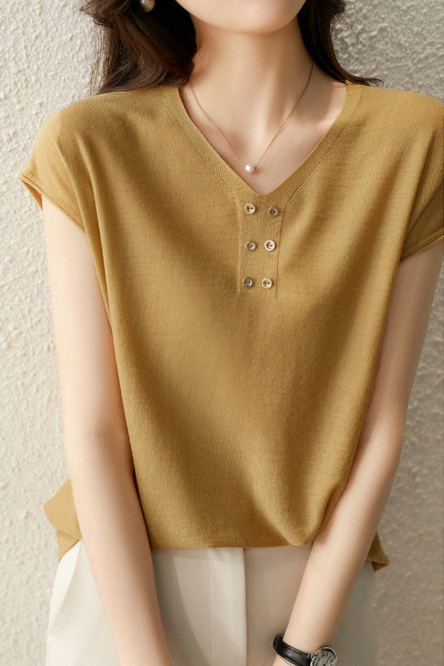 V-Ausschnitt Einfarbig Gestricktes T-Shirt