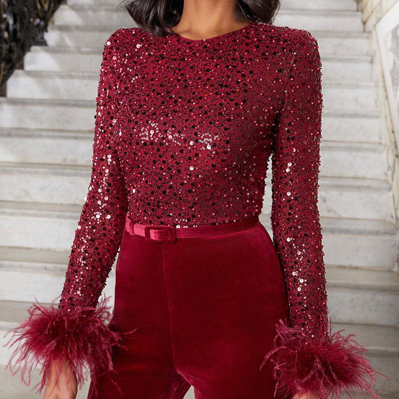 Penelope - Glamouröser Sommer-Jumpsuit mit Glitzer und Federn