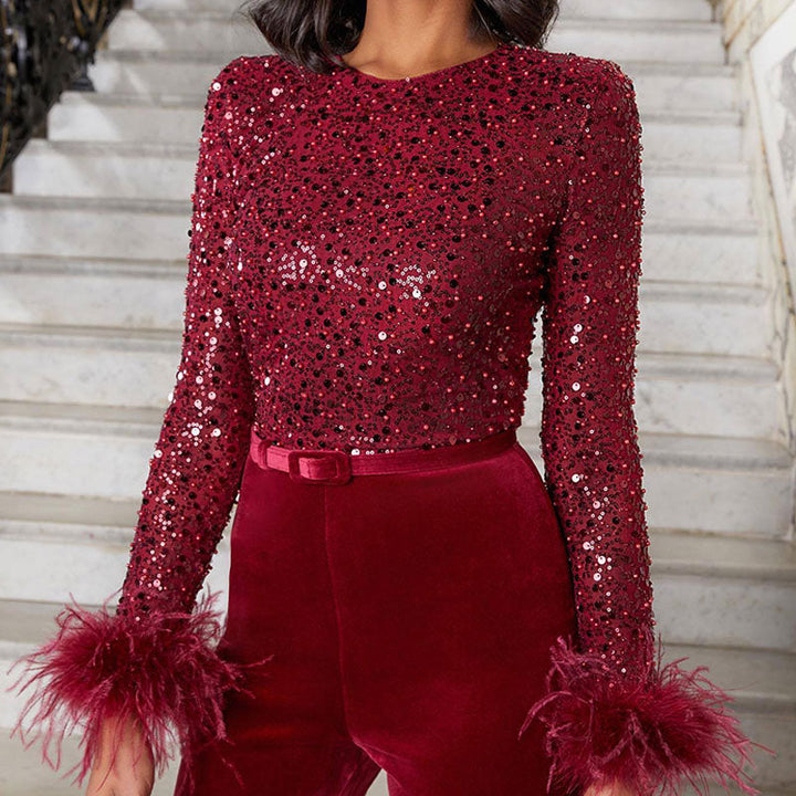 Penelope - Glamouröser Sommer-Jumpsuit mit Glitzer und Federn