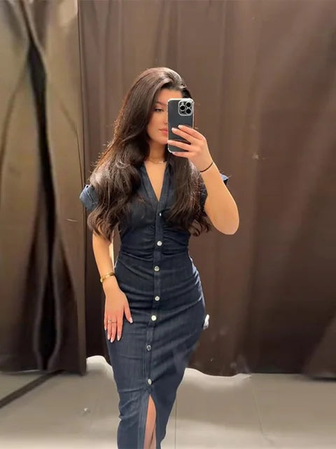 BellaBlue | Denim-Knopfverschluss-Kleid