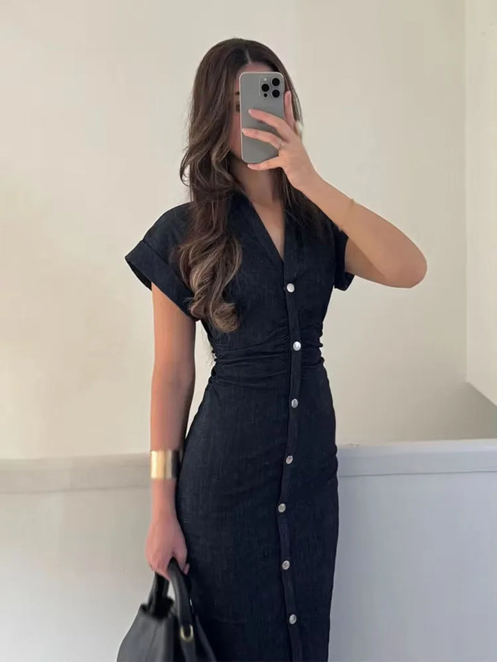 BellaBlue | Denim-Knopfverschluss-Kleid